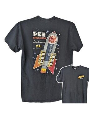 PEZ Mens M Spaceman Candy Dispenser T-shirt Black Retro Space Race Graphic 19x28